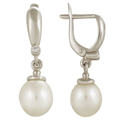 Серьги из серебра 925 пробы с жемчугом и фианитами