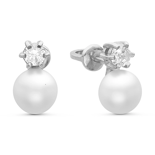 Серьги пусеты из серебра 925 пробы с жемчугом и фианитами