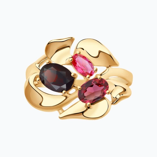 Кольцо (585) гранат, корунд рубин синт., родолит