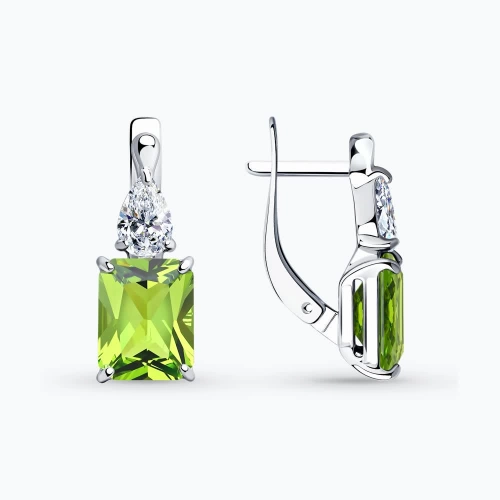 Серьги из серебра 925 пробы с искусственным хризолитом и фианитами