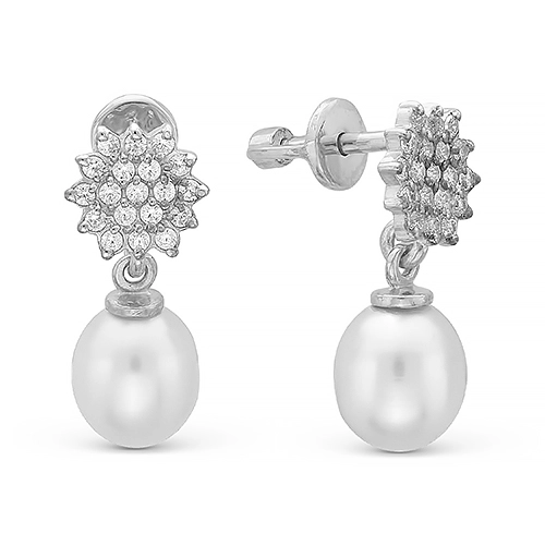 Серьги пусеты из серебра 925 пробы с жемчугом и фианитами