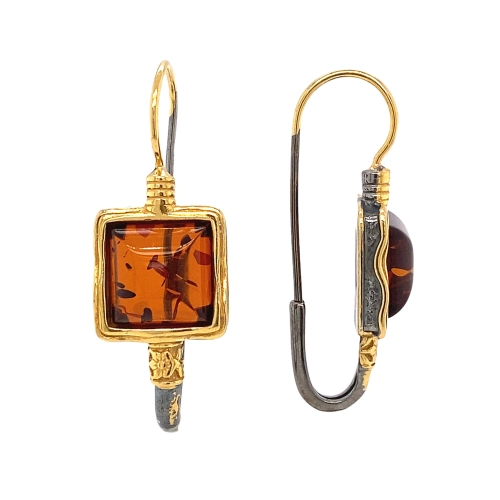 Серьги петельки из серебра 925 пробы с позолотой, с янтарем