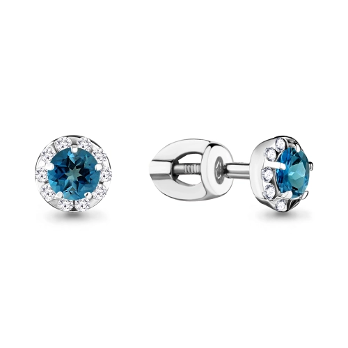 Серьги пусеты из серебра 925 пробы с топазом  London Blue и фианитами