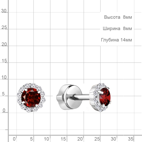 Серьги пусеты из серебра 925 пробы с гранатами и фианитами
