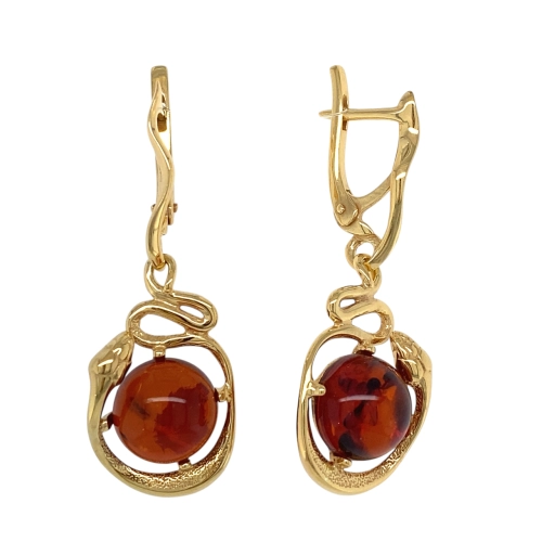 Серьги из серебра 925 пробы с позолотой, с янтарем