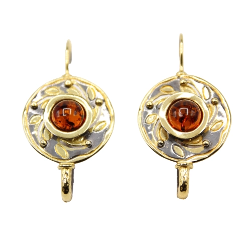 Серьги петельки из серебра 925 пробы с позолотой, с янтарем