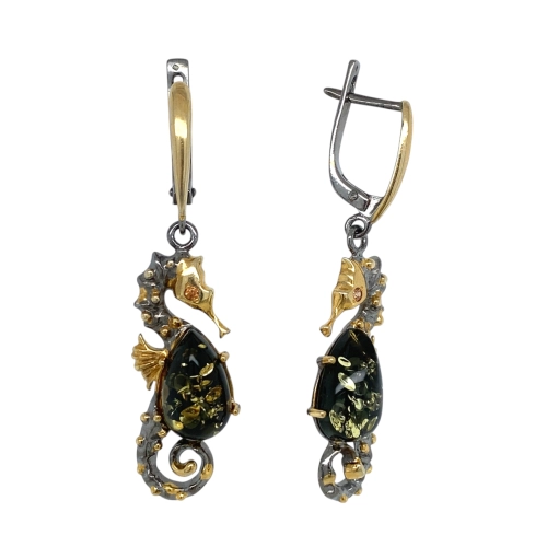 Серьги (925 п) янтарь зеленый, фианит