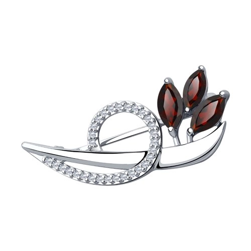 Брошь из серебра 925 пробы с гранатом и фианитами