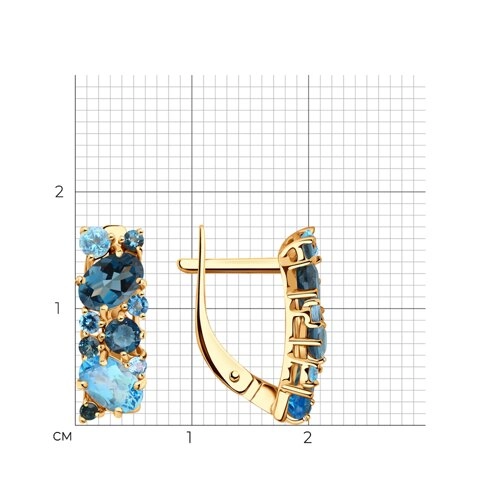 Серьги из золота 585 пробы с топазом London Blue, топазом и фианитами