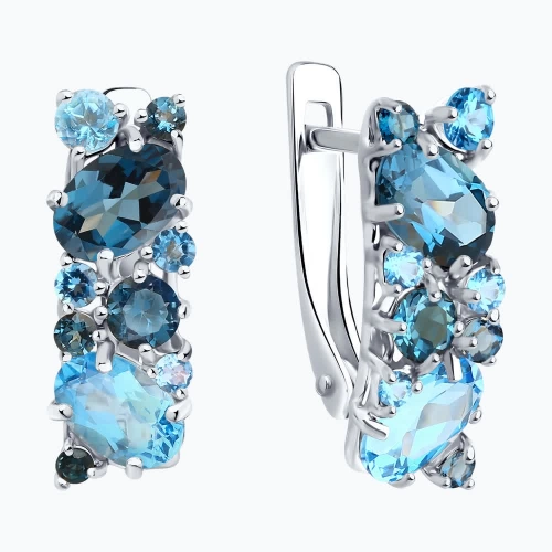 Серьги из белого золота 585 пробы с топазом London Blue и фианитами