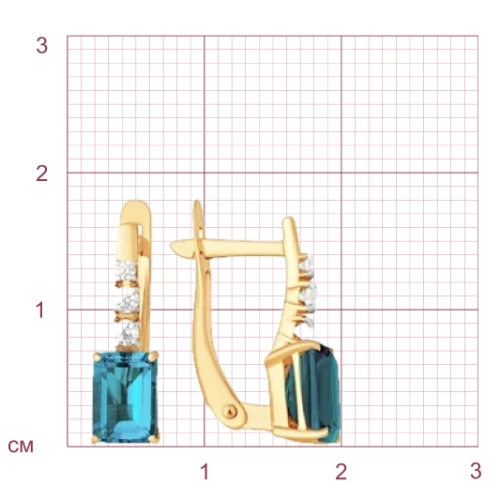 Серьги из золота 585 пробы с топазом London Blue и фианитами