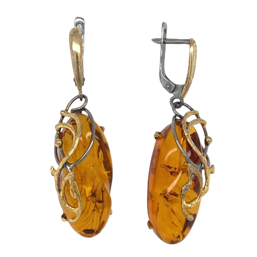 Серьги из серебра 925 пробы с позолотой, с янтарем