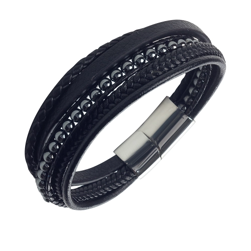 Браслет (Сталь) гематит, кожа