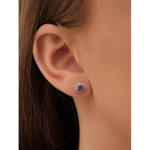 Серьги пусеты из серебра 925 пробы с аметистами и фианитами