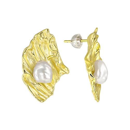 Серьги пусеты из серебра 925 пробы с позолотой, с жемчугом