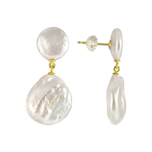 Серьги пусеты из серебра 925 пробы с позолотой, с жемчугом