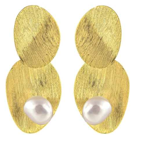 Серьги пусеты из серебра 925 пробы с позолотой, с жемчугом