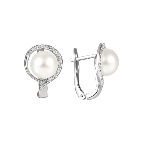 Серьги из серебра 925 пробы с жемчугом и фианитами
