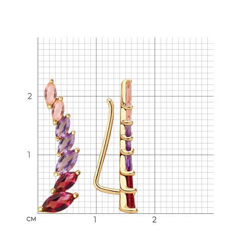 Серьги пины из золота 585 пробы с искусственными морганитами, аметистами и родолитами