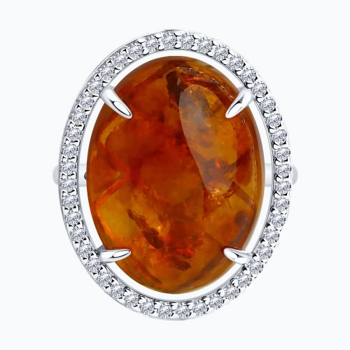 Кольцо из серебра 925 пробы с янтарем и фианитами