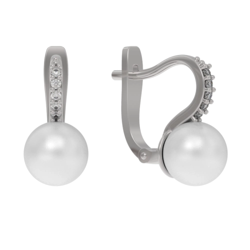 Серьги из серебра 925 пробы с синтетическим жемчугом и фианитами