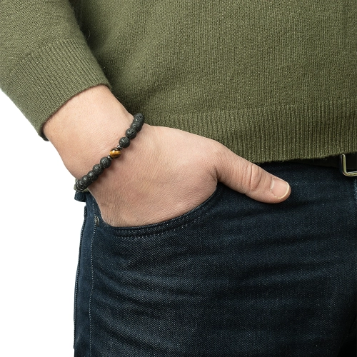 Браслет из стали с тигровым глазом, вулканической лавой и гематитом