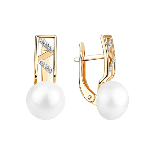Серьги из золота 585 пробы с жемчугом и фианитами