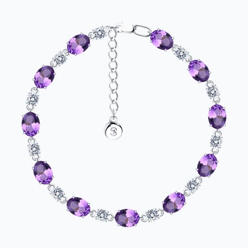 Браслет из серебра 925 пробы с искусственным аметистом и фианитами