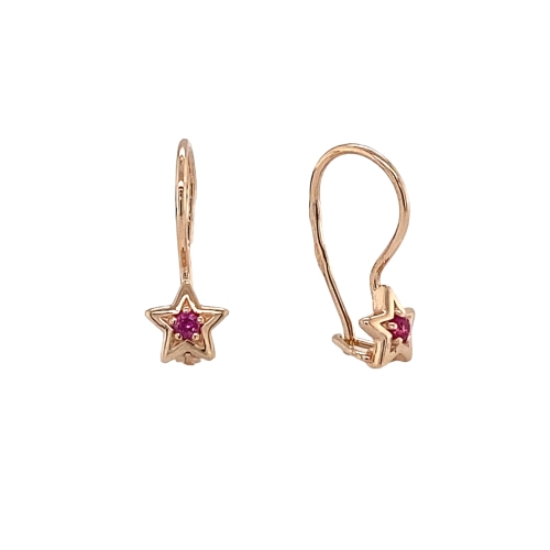 Серьги петельки из золота 585 пробы с красным фианитом