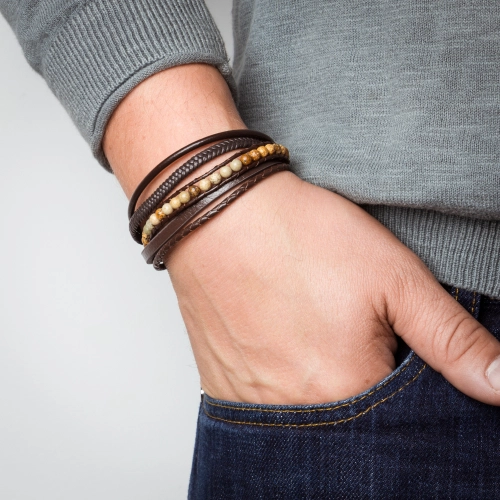 Браслет (Сталь) агат, кожа