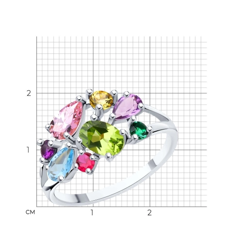 Кольцо из серебра 925 пробы с выращенными рубинами, топазами, хризолитами, аметистами и и фианитами