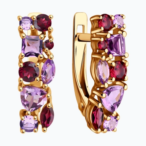 Серьги из золота 585 пробы с аметистами и родолитами