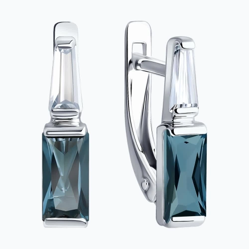 Серьги из белого золота 585 пробы с топазом London Blue и фианитами