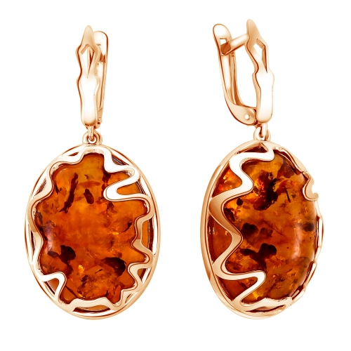 Серьги из серебра 925 пробы с позолотой, с янтарем