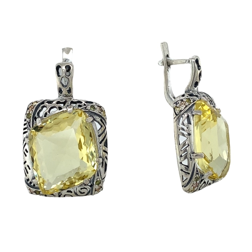Серьги (925) цитрин кварц синтет., фианит