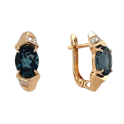Серьги из золота 585 пробы с топазом London Blue и фианитами