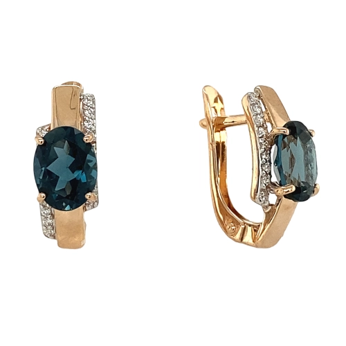 Серьги из золота 585 пробы с топазом London Blue и фианитами