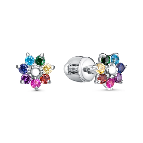 Серьги пусеты из серебра 925 пробы с цветными фианитами