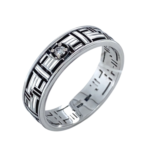 Кольцо обручальное из белого золота 585 пробы с эмалью и бриллиантом