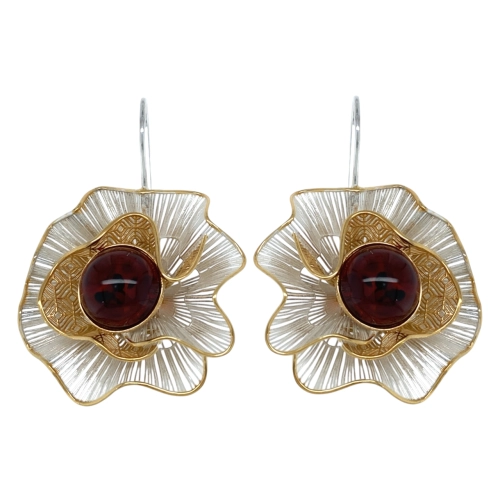 Серьги петельки из серебра 925 пробы с янтарем