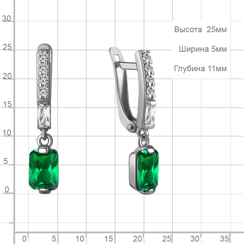 Серьги из серебра 925 пробы с искусственным изумрудом и фианитами