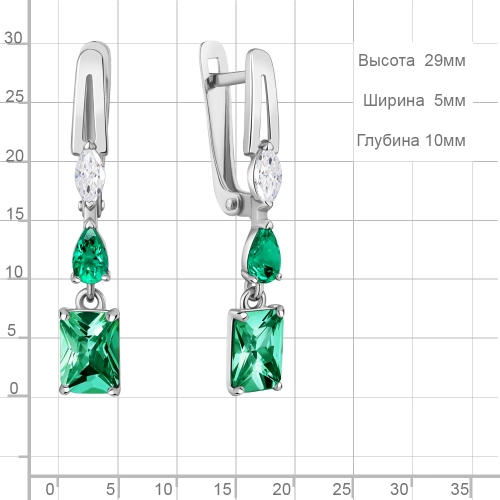 Серьги из серебра 925 пробы с искусственным изумрудом и фианитами