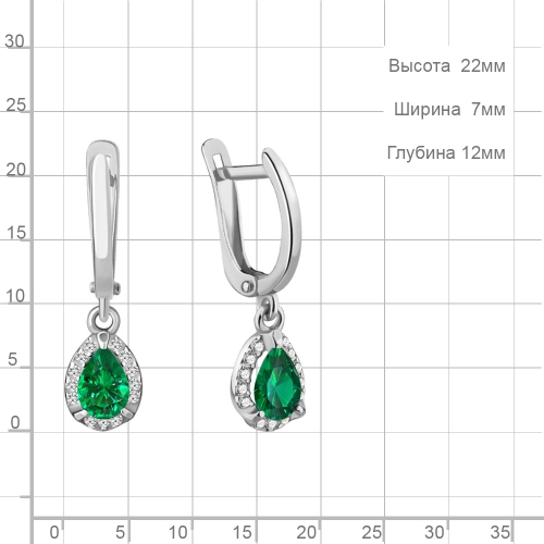 Серьги из серебра 925 пробы с искусственным изумрудом и фианитами