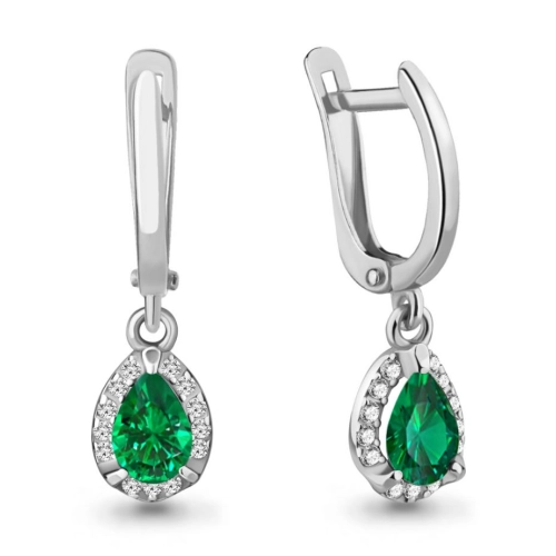 Серьги из серебра 925 пробы с искусственным изумрудом и фианитами