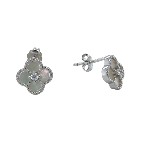 Серьги пусеты из серебра 925 пробы с перламутром и фианитами