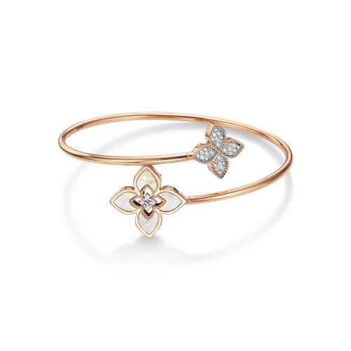 Жесткий браслет из золота 585 пробы с перламутром и фианитами