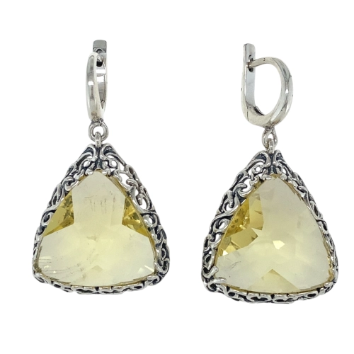 Серьги из серебра 925 пробы с искусственными кварцами цвета цитрин и фианитами