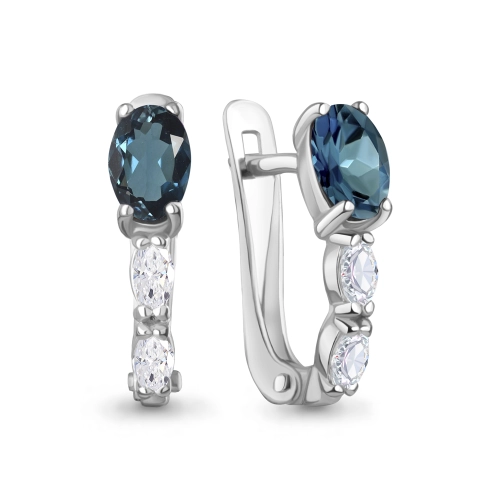 Серьги из белого золота 585 пробы с топазом London Blue и фианитами