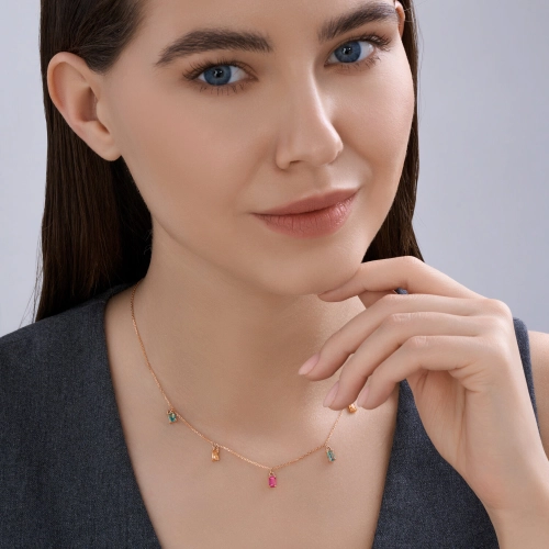 Колье (585) топаз зеленый, топаз желтый, топаз розовый