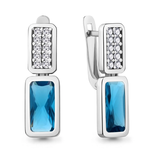 Серьги из серебра 925 пробы с исксственным топазом London Blue и фианитами